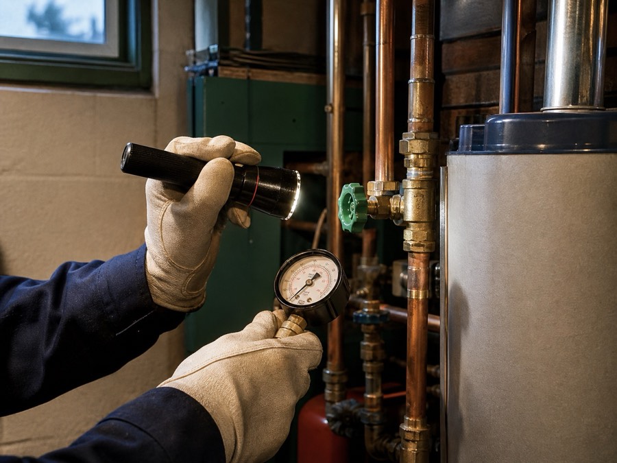 Plumber checking a residential water heater valve and gauge